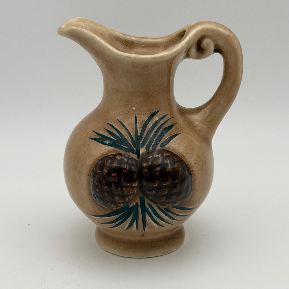 Vintage Japan Miniature Pinecone Ceramic Pitcher‎ Tan Crackle Rustic Cabin MCM